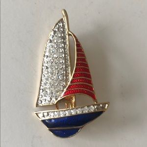 Vintage Brooch Blue White Red Sail Boat Gold Tone